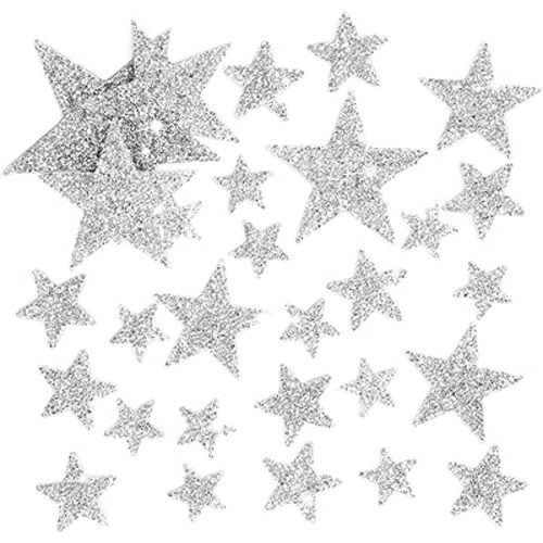 TORC 32Pcs Iron On Glitter Star Patches - Silver Rhinestone No Sew Appliques for Hats, Clothing, DIY Crafts, Girly Fashion Accessories for Jeans, Shirts, Jackets, Bulk Iron On Patches (Mixed Sizes)