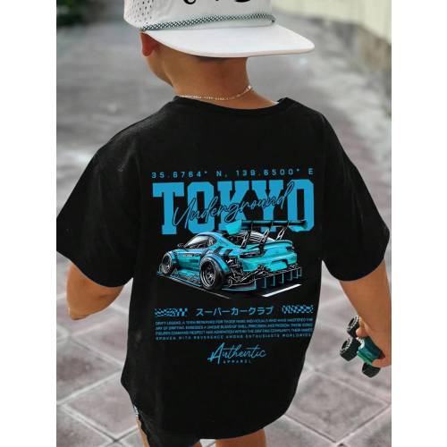 SHEIN Baby Boy Casual Loose Comfortable Retro Car, Cartoon, Graffiti, English Letter Printed Short Sleeve Top, Suitable For Summer