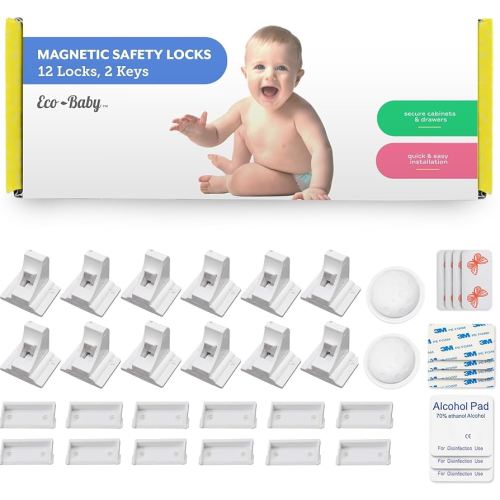Cerraduras de Seguridad Magnéticas para armarios y cajones para la seguridad de bebés y niños, set de 12 con 2 teclas por Eco-Baby, sistema de cierre con cinta adhesiva 3M muy resistente, fácil de instalar sin dañar su mobiliario