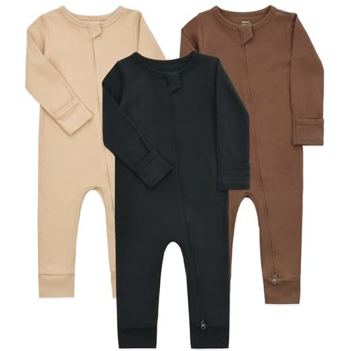 Aablexema Baby Cotton Footless Pajamas with Mitten, 3-pack Infant Romper Zip Up One Piece Jumpsuits Outfit