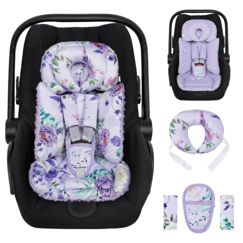 Infant Car Seat Insert, Soft Car Seat Head Support for Baby, Purple Floral | Minky Fabric, 11×25 Inches, Reversible Universal Design, for Stroller, Baby Swing, Bouncer, Machine-Washable