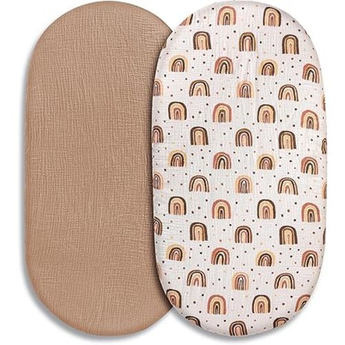 Muslin Bassinet Fitted Sheets, 2 Pack for Baby Boy and Girl, Soft Breathable Stretchy Baby Pad/Mattress Sheet Set, Universal Fit for Hourglass Oval and Rectangle Bassinet Mattress (Cute Rainbow)