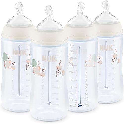 NUK First Choice Smooth Flow Anti-Colic Bottle, Peach, 10 oz. Baby Bottle with SafeTemp Temperature Indicator, Newborn Essentials, 4-Pack