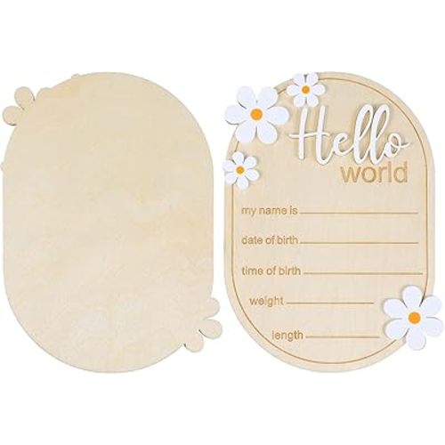 Baby Announcement Sign, Wooden Hello World Sign Welcome Baby Newborn SignsWelcome Birth Name Board Plaques for Boys Girls Photo Props Hospital Nursery