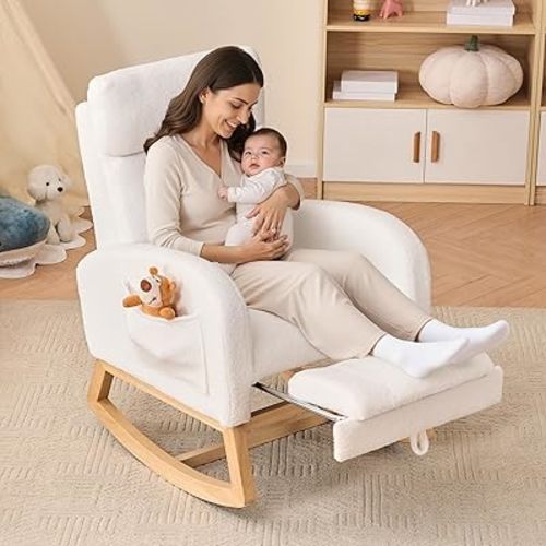 FOXHUNTER Rocking Chair for Nursery with Foot Rest Side Pocket Teddy, White
