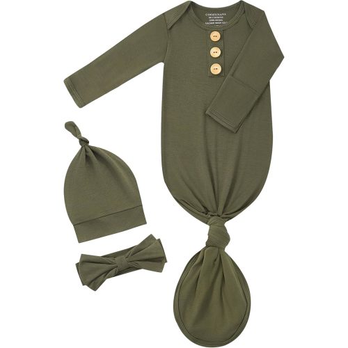 Newborn Knotted Gown Set, Soft Breathable Baby Sleep Gown with Hat & Headband for Boys Girls