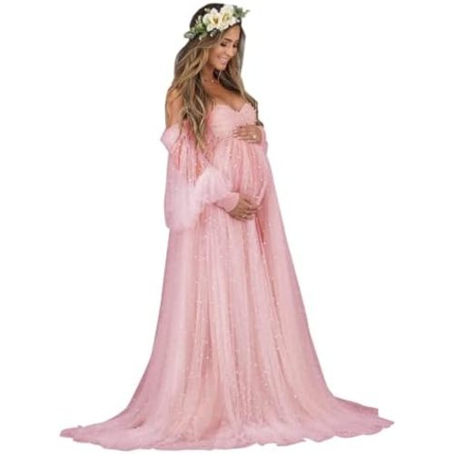Molisa Women's Pearl Tulle Maternity Dress for Photoshoot Long Puffy Sleeve Off Shoulder Babyshower Bridal Pregnancy Gowns