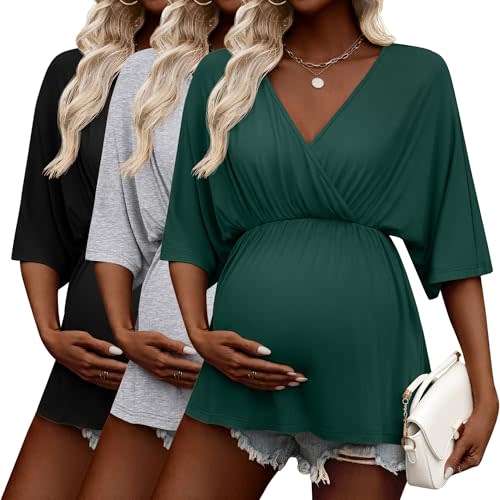 Ficerd 3 Pack Womens Maternity Shirts, V Neck Nursing Pajamas Pregnancy Nightgown Tops 3/4 Sleeve Sleepwear for Breastfeeding