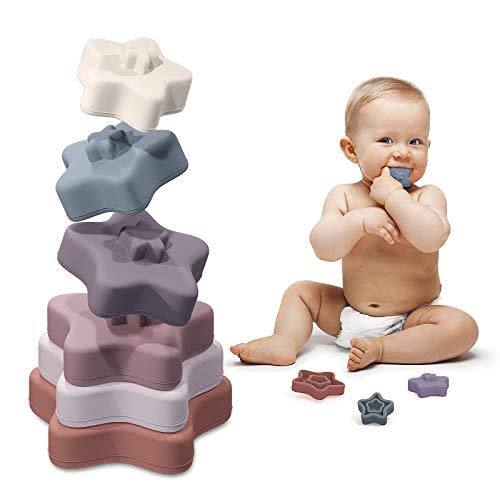 TYRY.HU Baby Stacking Toys Silicone Rings Stackers Building Blocks Tower Soft Teether Toy for Boys Girls 6+ Months Early Educational Learning, Set of 6 PCS, Star Shape