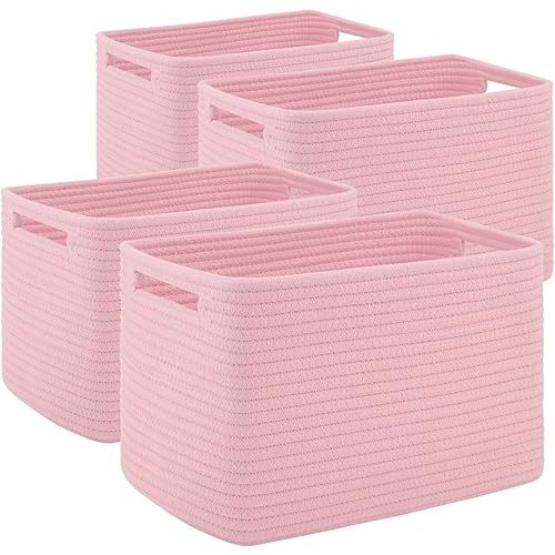 4 Pack Storage Baskets for Organizing Toys, Towels, and Clothes, Woven Basket for Shelves, Sturdy Nursery Cube Bins for Storage, 13''L x9''W x7.8''H, Pink