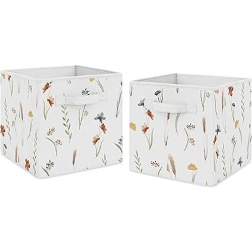 Sweet Jojo Designs Boho Floral Garden Flower Girl Collapsible Fabric Storage Cubes Foldable Bins Organizer Boxes Kid Baby Childrens Toy Set of 2 Watercolor Bohemian Farmhouse Vintage Shabby Chic Green