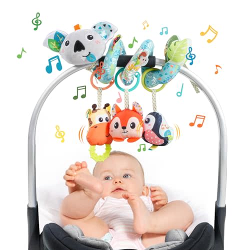 Jollybaby Crib Stroller Car Seat Toys for Baby 0-3-6-9-12 Months, Tummy Time Hanging Sensory Toys for Newborn with Music Box and Teether, Spiral Carseat Toy for Infant Boys Girls Gifts (Grey)
