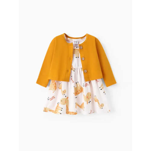 Girls 2 Piece Giraffe Dress & Cardigan Set
