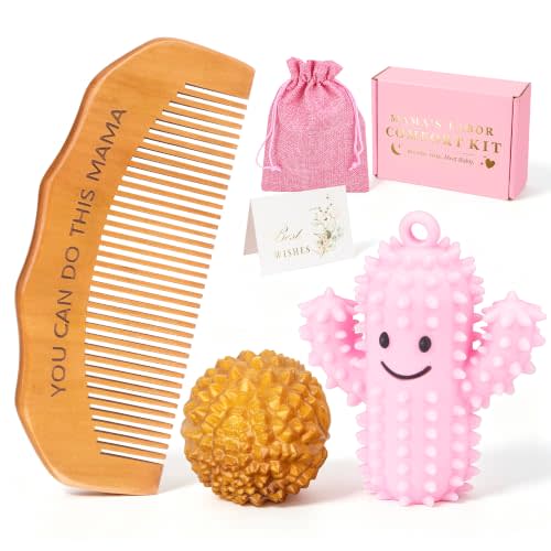 Wooden Labor Comb & Birth Comb Set with Acupressure Massage Ball | Pregnancy Must Haves, Labor and Delivery Essentials, Mom to Be Gift, Silicone Cactus Keepsake Symbolizing Hope and New Life