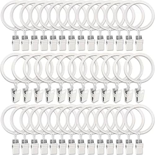 AMZSEVEN 40 Pack Metal Curtain Rings with Clips, Drapery Clips Hooks, Decorative Curtain Rod Clips Hangers 1.5 Inch Interior Diameter Eyelets, Rustproof White
