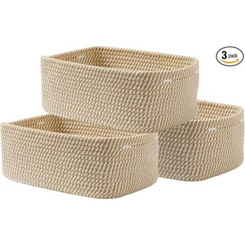 Small Woven Basket, 13.5 x 9.5 x 5 Inches, Storage Basket for Organizing, Cute Small Rope Shelf Closet Cube Storage Bins Baskets for Shelves, Dog Toy Gift Baskets Empty, 3 Pack Brown