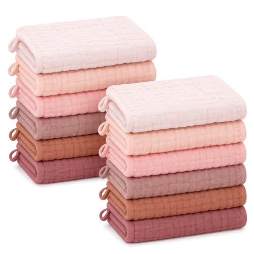 SWEET DOLPHIN 12 Pack Baby Muslin Washcloths - Face Cloths for Newborn, Absorbent Bath Wash Cloths, Wipes, Burp Rag - Toddlers Essentials Stuff, Baby Registry as Shower -10"x10", Dewy Petal