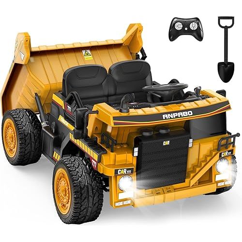 ANPABO 24V Ride On Dump Truck, 2X75W Powerful Motors, Up to 4.4Mph, EVA Tires, Construction Vehicle w/Electric Dump Bed and Extra Shovel, 19" Spacious 2 Seater, Kids Car w/Parent Remote -Yellow