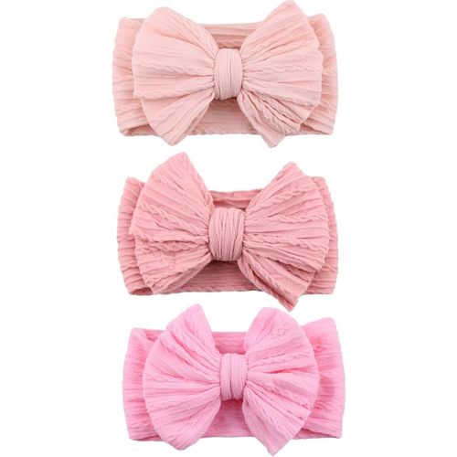 DRESHOW BQUBO Handmade Baby Headbands Soft & Stretchy Hair Bands with Bows Nylon Bows Hairbands for Girls Newborn Infant Toddlers Hair Accessories 3 pack
