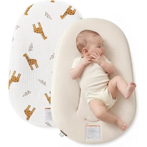 Momcozy Baby Lounger, Infant Support Cushion with Soft Breathable Natural Cotton Cover, Great for Newborns, Portable & Machine Washable, Giraffe Print