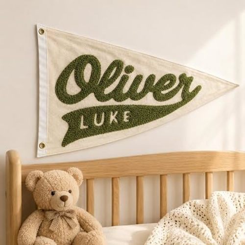 Custom Hand Embroidered Pennant Flag Personalized Baby Name Canvas Banner