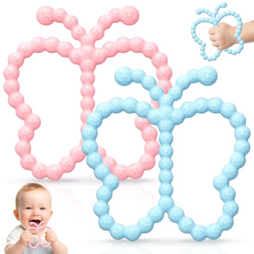 2 Pack Butterfly Teething Toys for Babies 3-6 6-12 Months, BPA Free Silicone Baby Teether Toys for Teething Relief, Easy-Grip Double Ring Infant Newborn Chew Toys for Sucking Needs