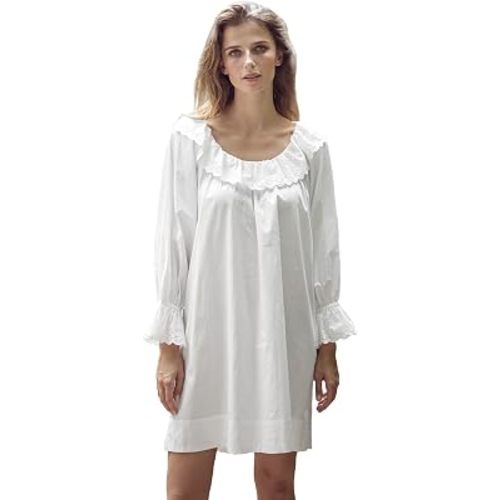 100% Cotton Women NightGown Shirt Ruffled Sleeve Round Collar with Lace Trim OffWhite
