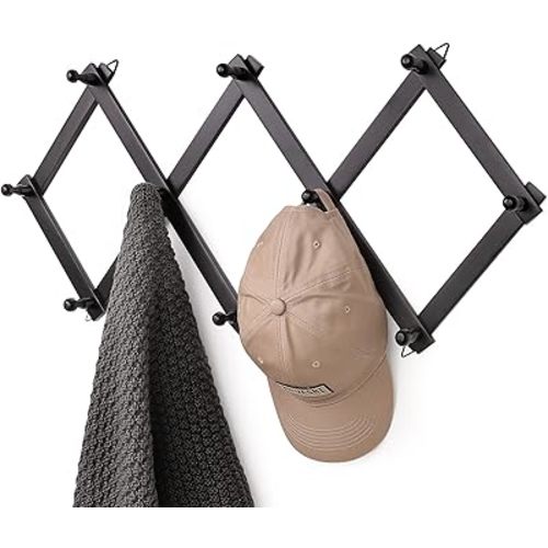 SCUNDA Wall Rack with 10 Hooks, Wooden Wall Expandable Coat Rack for Coat, Hats, Baseball Caps, Coffee Mug, Jewelry(Black)