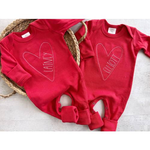 Valentine heart romper with fold over mittens and footies, custom heart outfit, love, baby shower gift, gift for baby, hospital outfit