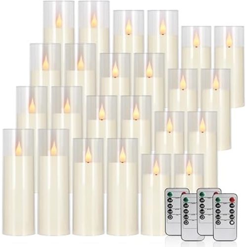 fclayvts 24 Packs of Acrylic LED Candles, Flickering Flameless Candles Battery Operated with Remote Dimmed and Timed, 3D Wick Candles for Home Decor,Wedding,Gift，Parties and Festivals. (3 Size)