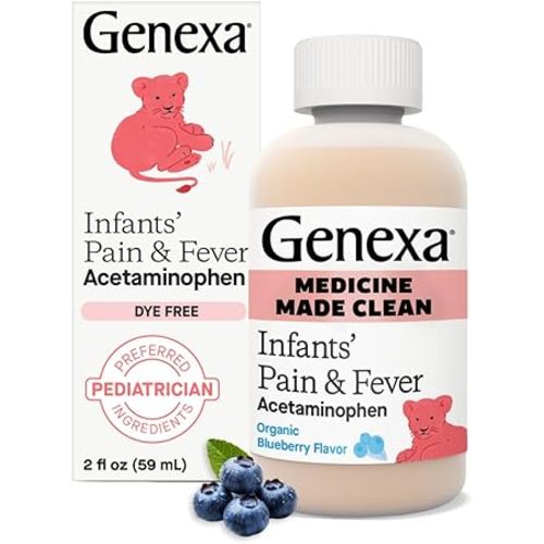 Genexa Infants' Clean Acetaminophen | Pediatrician Preferred Ingredients | Pain Reliever & Fever Reducer for Babies | Dye Free, 0% Artificial Additives | Delicious Organic Blueberry Flavor, 2 fl oz