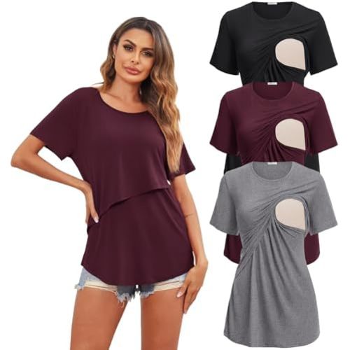 Ekouaer Women's Maternity Shirts Short Sleeves Nursing Tops 3 Pack Double Laye Breastfeeding Tees Pregnancy Clothes S-XXL