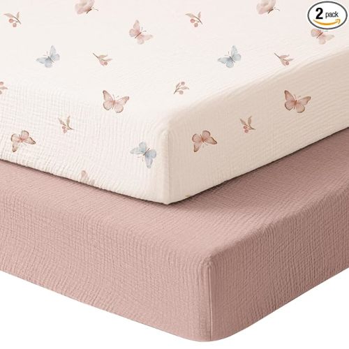 Konssy Muslin Mini Crib Sheets, 100% Soft Cotton Pack and Play Sheets for Pack N Play Mattress, Playard Baby Crib Sheets for Baby Girls(Taupe,Butterfly Dreams)