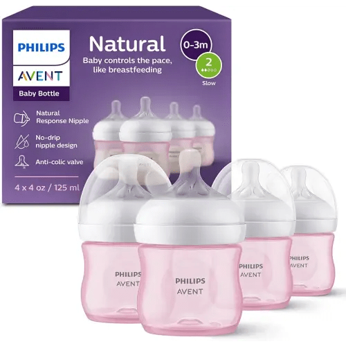 Philips Avent Natural Baby Bottles with Natural Response Nipples (Slow Flow, Flow 2), 4oz, Pink, 4-Pack, SCY900/14