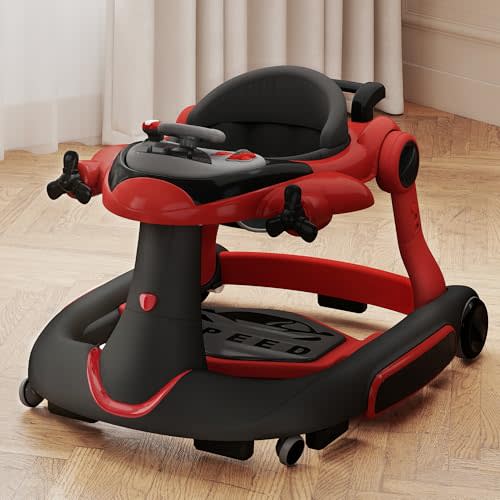 Kinder King 8-in-1 Baby Walker with Music & Lights, 3 Level Height Adjust | Foldable Toddler Walker with Speed Adjustable Wheels, Easy to Clean, Walker for Baby Boys & Girls 6-18 Months, Plane Theme