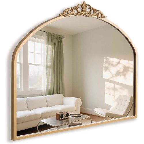 Gold Vintage Arched Wall Mirror 36x29 Antique Baroque Ornate Mirror with Carved Pattern Top and Metal Frame for Bathroom Living Room Entryway Fireplace Hallway