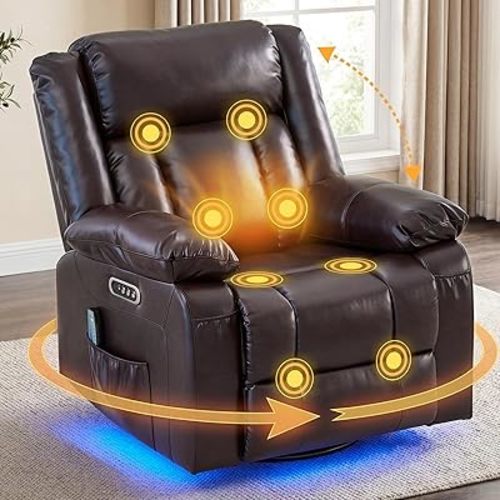 Power Swivel Rocker Recliner Chair with Dual Motor, Electric Glider Recliner with Vibration Massage & Heat, LED Light, Upholstered Reclining Chair for Living Room Nursery Bedroom, Chestnut Brown