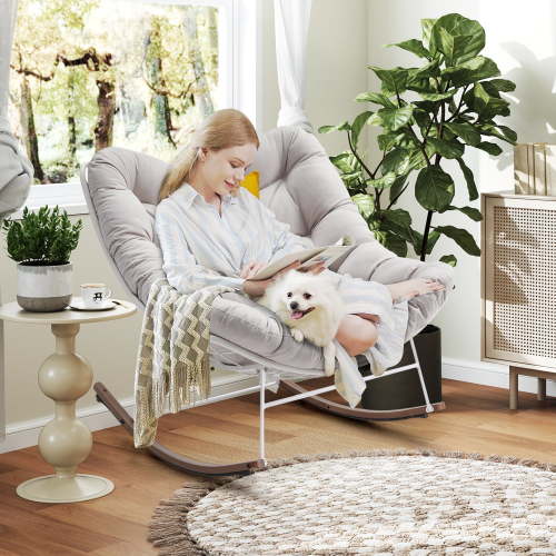 Oversized Rocking Chair, E-Coated Papasan Rocking Chair with Cushion, Outdoor Rocker Recliner Chair, Movie Chair, Livingroom Chair, Beige