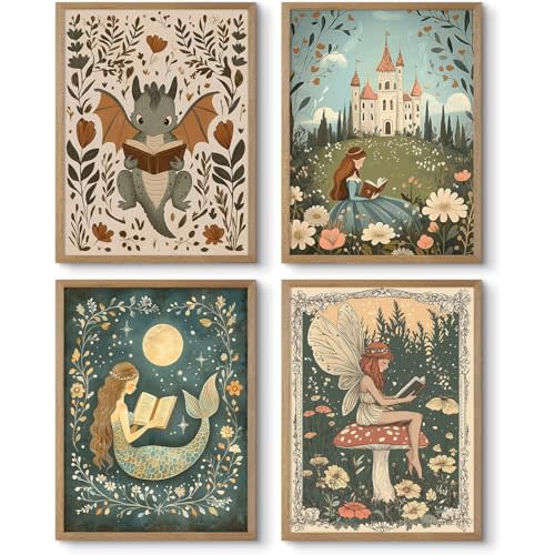 Nursery Fairy Dragon Wall Art Baby Room Reading Book Wall Decor Vintage Girl Dinosaur Canvas Prints Boy Whimsical Fantasy Poster Fairytale Princess Pictures Painting for Bedroom 8x10x4 Inch Unframed
