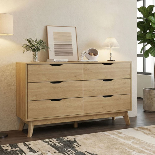George Oliver Drax 6 Drawer Dresser for Bedroom, 47.3″ W Modern Wide Chest of Drawers, Wood Storage Organizer for Clothes, Entryway, Hallway, Nursery or Living Room & Reviews | Wayfair