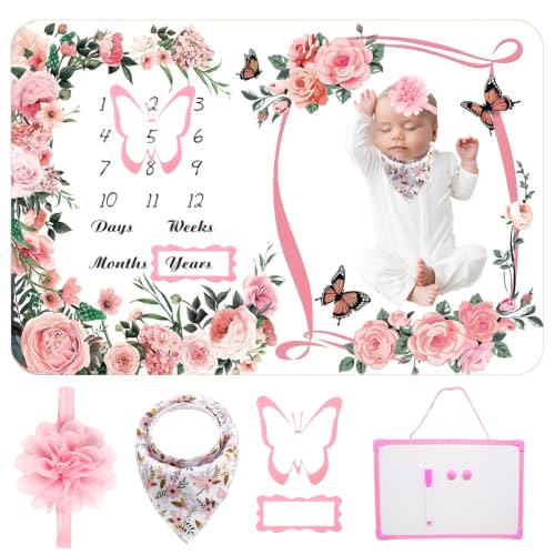 Milestone Blanket for Baby Girl (Pink 60x40 Inches), with Photo Aid Frame, Saliva Towel, Erasable Writing Board, Hair Band, Documenting Growth。