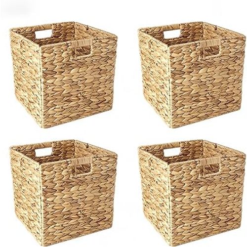 12x12in Storage Baskets,Set of 4 Water Hyacinth Baskets,Wicker Cube Baskets Laundry Organizer,Foldable Handwoven Storage Cubes,for Cube Shelf,Collapsible Laundry Baskets Pantry,Living Room,Bedroom