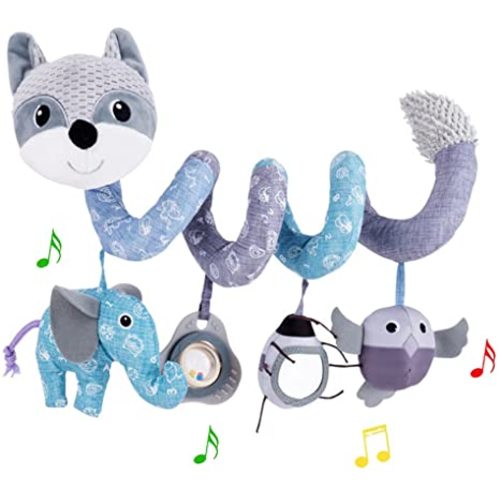 Car Seat Toys, Baby Plush Spiral Hanging Toys for Stroller Crib Bar Bassinet Car Seat Mobile with Musical Owl BB Squeaker Elephant- Gray Fox