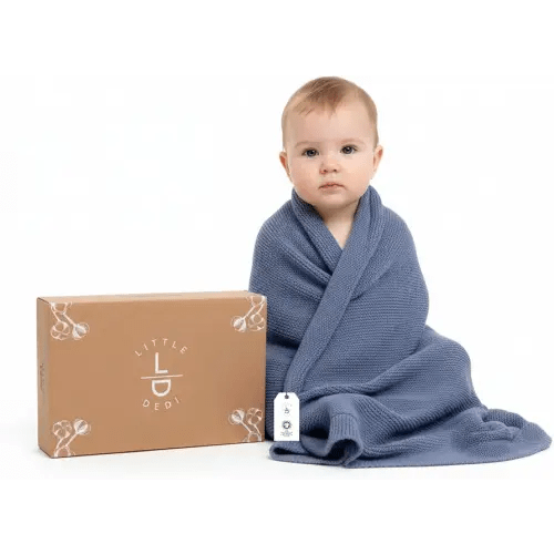 100% Organic Cotton GOTS Certified Baby Knitted Blanket with Gift Box - Soft Toddler, Crib, Stroller Blanket - Neutral Swaddle and Receiving Blanket for Newborns, 30"x40", Grey Blue