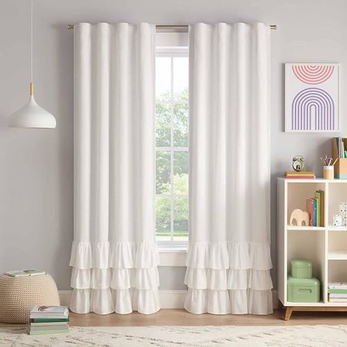 Eclipse Blackout Curtain, Tiered Ruffle Kids Curtain, 84 in x 40 in, Thermaback 100% Blackout Curtain with Rod Pocket Header, Curtain for Kids Room or Playroom, 1 Window Curtain, White