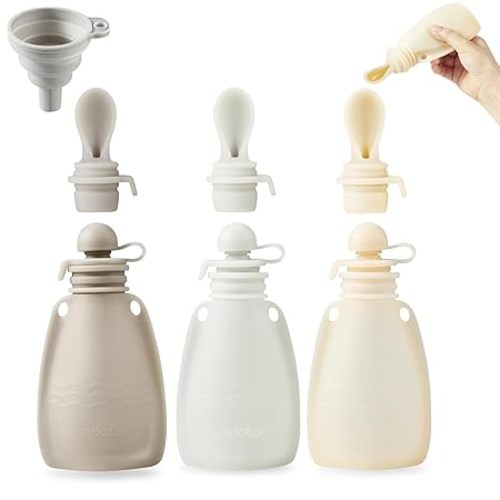 PandaEar 3 Pack Silicone Baby Food Pouches, Reusable Squeeze Pouches for Toddler with 3 Silicone Puree Feeder Spoon, BPA-Free Silicone Refillable Infant Food Storage, 5 oz (Beige&Blue&Green)
