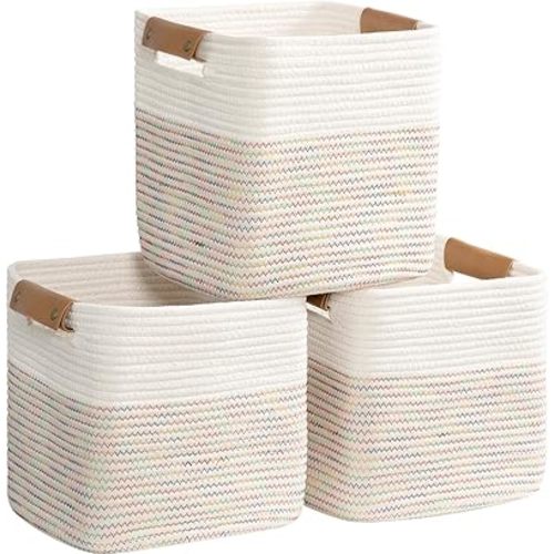 danpinera 11"x11" Storage Cubes, Soft Boho Storage Basket with Neat Stitching, 3-Pack Cube Storage Organizer, Woven Baskets for Storage in Living Room, Kids Room, Bedroom, Rainbow