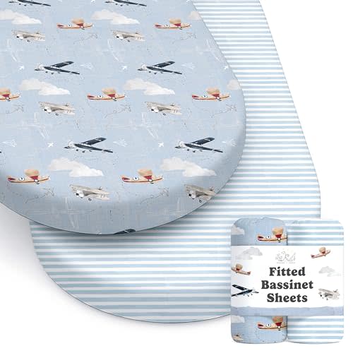 Baby Bassinet Sheets for Boy, Girl (Airplanes & Clouds) 2-Pack - Fitted Bedside Bassinet Sheets - Buttery Soft Cotton Blend for Standard Mattress Pad