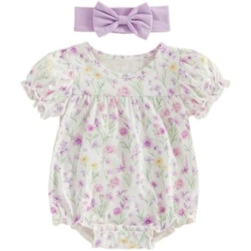 Fanvereka Infant Baby Girls Summer Outfits Romper Newborn 3 6 12 18 Months Girl Short Sleeve Floral Jumpsuit Headband Set