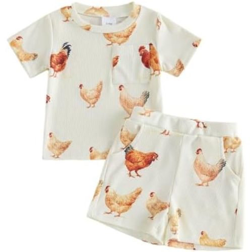 Toddler Baby Boy Farm Clothes Farm Animal Chicken T-Shirt and Shorts Set 2Pcs Summer Western Country Outfits